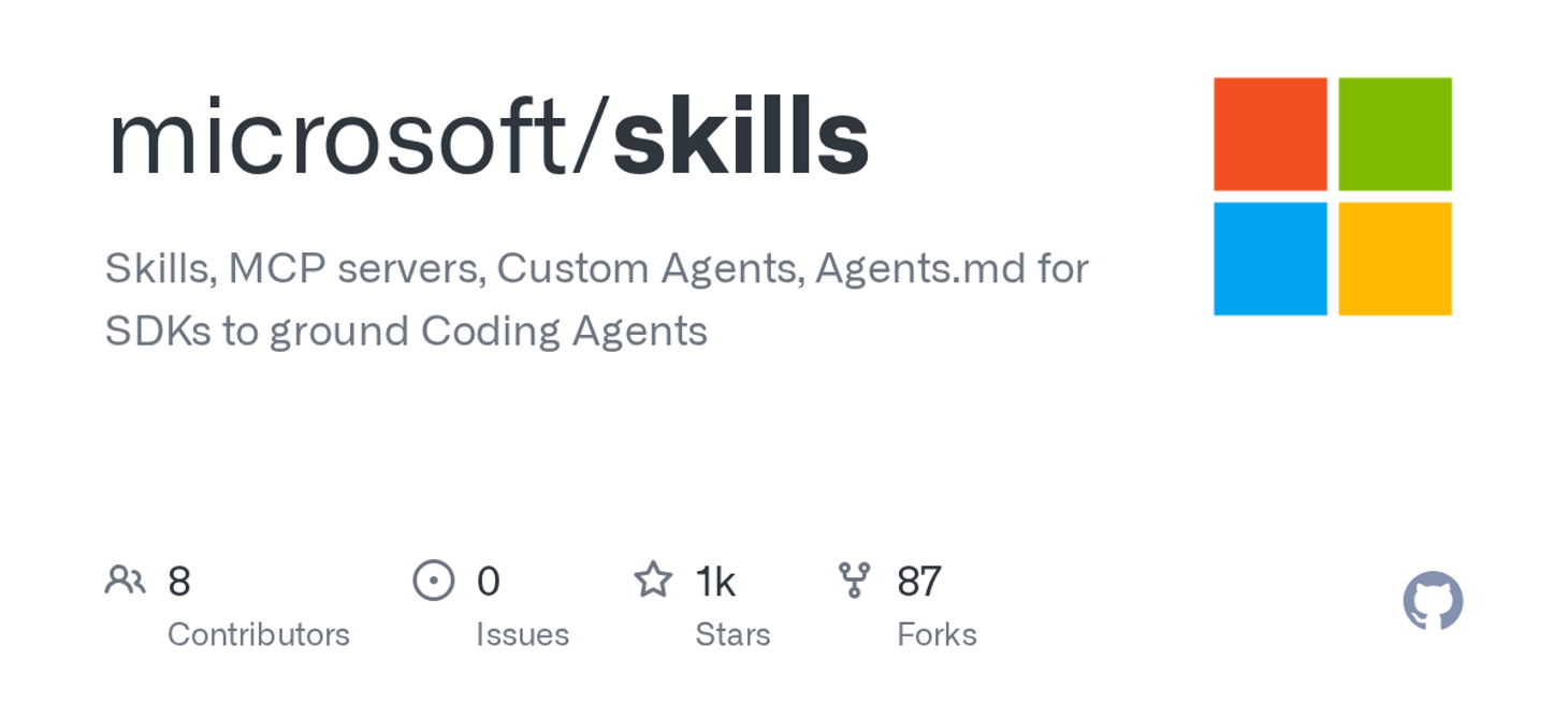 microsoft/skills: Skills, MCP servers, Custom Agents, Agents.md for SDKs to ground Coding Agents